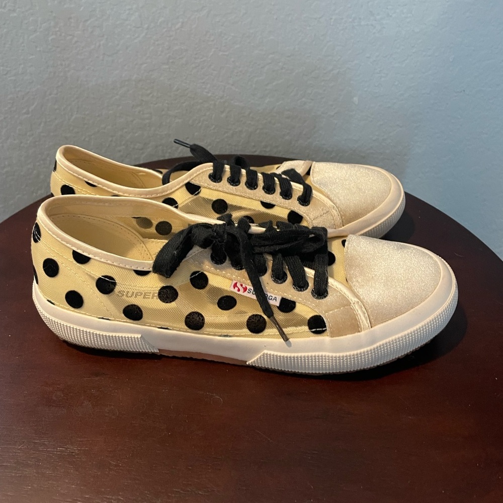 Superga sneakers with see thru mesh panels and velvet polka dots size 9 womens